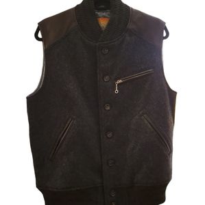 JL POWELL Vest Wool Leather dark gray brown 4 pockets MADE IN USA
